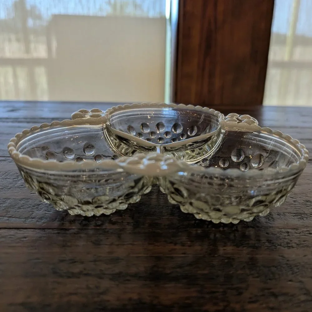 Vintage Fenton Moonstone Opalescent Hobnail Divided Candy Condiment Glass DIsh